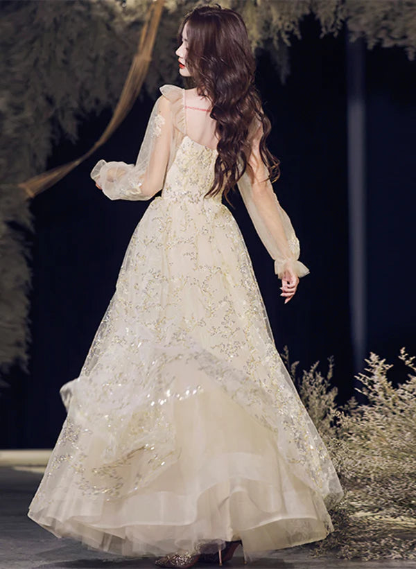 A-line Champagne Tulle Long Evening Dress Party Dress